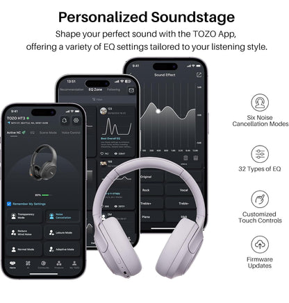 HT3 Hybrid Noise Cancelling Headphones, 90H Battery Life Over Ear Bluetooth 6.0 Foldable Headset, AI Voice Assistant - Light Purple