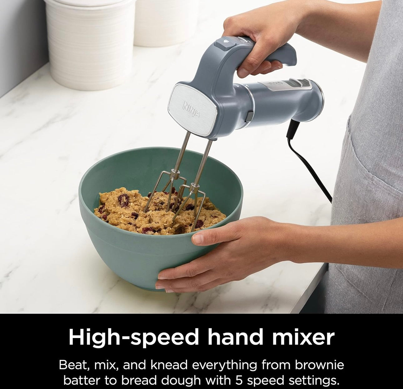 Ninja CI105BRN Foodi Power Mixer System, 750-Peak-Watt Immersion Blender and Hand Mixer - Sea Salt Gray