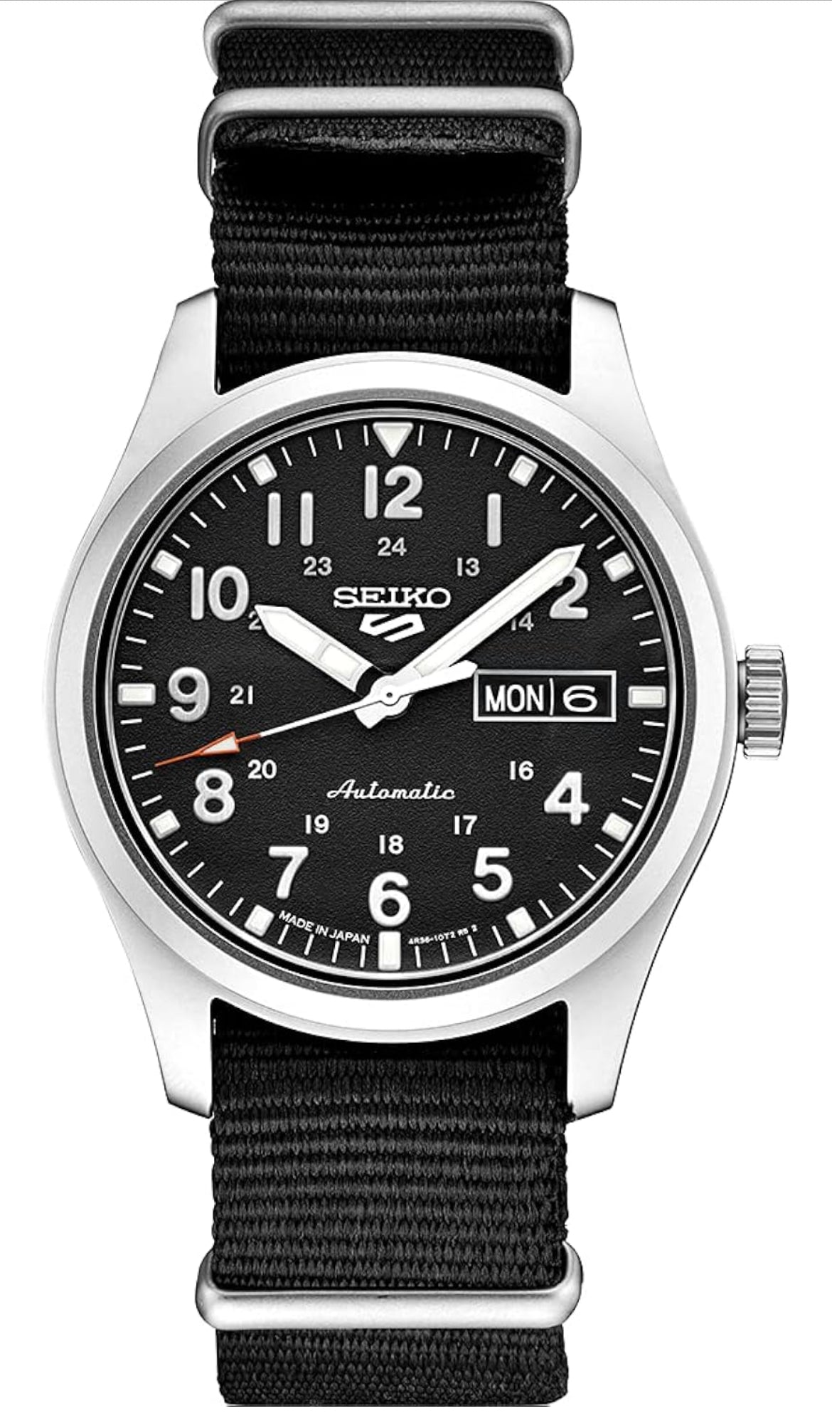 SEIKO Horlosie Outomaties m/ Handopwen-beweging, Swart Skakelaar, Vlekvrye Staal Kas, Swart Nylon Band, 100m Waterbestand