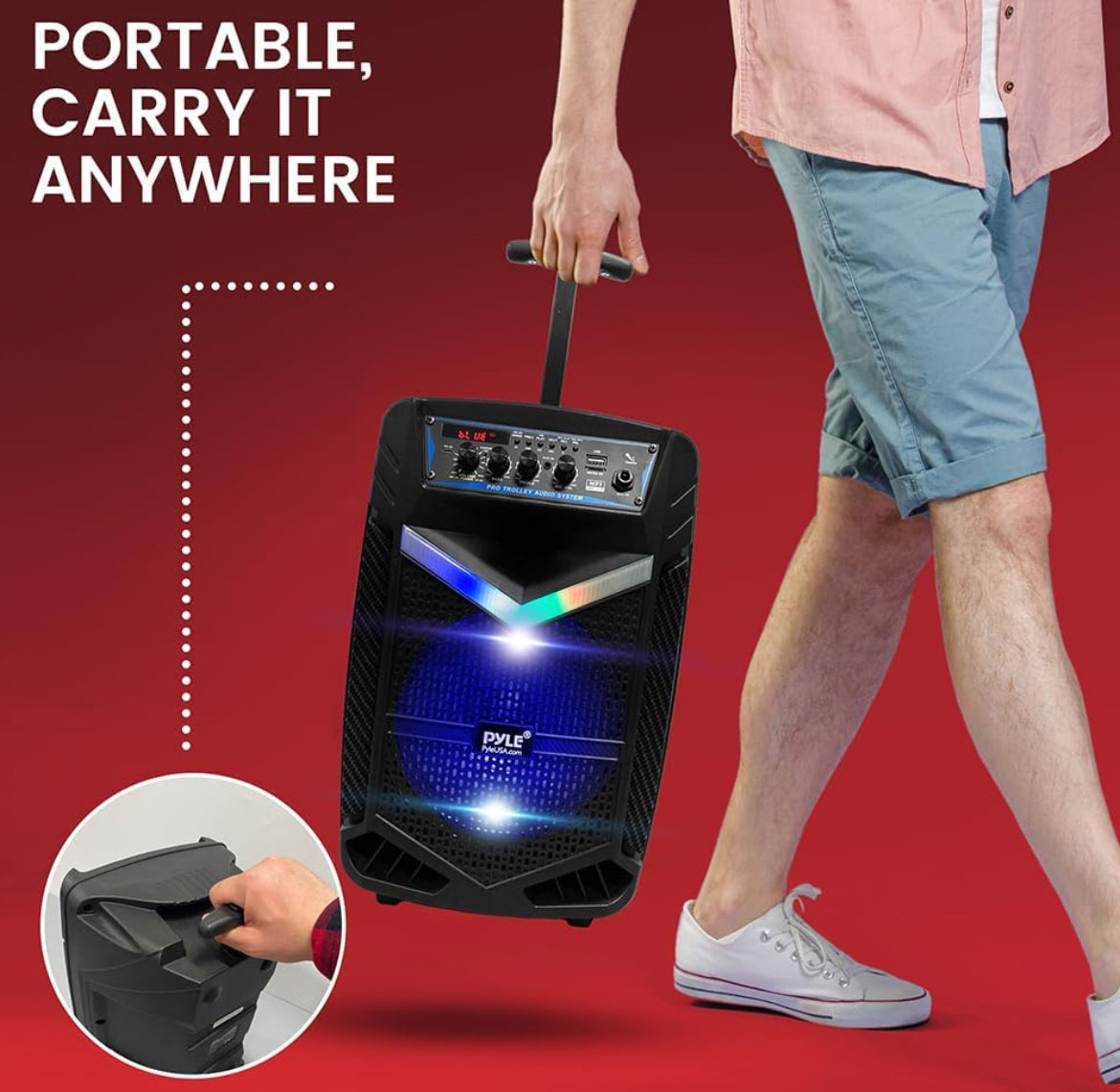 Portable Rechargeable Outdoor Bluetooth Speaker PA System 8”  400W Recording Function, Mic In, Party Lights USB/SD, Radio