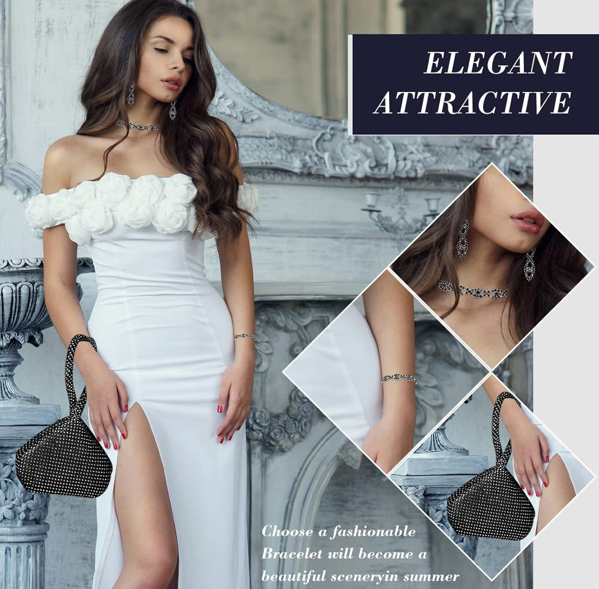 4 STUKS Strass Halsketting Choker Armband Oorring Koppelaars Juweliersware Stel Vroue Kristal Driehoek Bling Diamant Handsak Strass Sak vir Trou Party