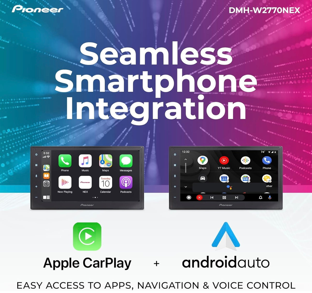 Pioneer DMH WNEX Digitale Multimediaspeler met Koordlose Apple CarPlay en Android Auto, 6.8" Kapasitiewe Raakskerm, Dubbel-DIN, Ingeboude Bluetooth en WiFi, Amazon Alexa via Toep