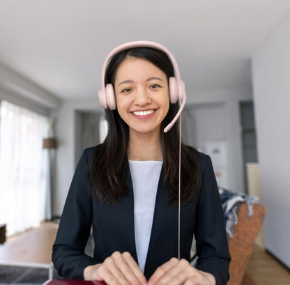 Logitech H390-speletjieshoofoorfone, bedrade hoofoorfone met mikrofoon, USB-kopstuk met mikrofoon vir rekenaar, ruisonderdrukkende mikrofoon vir videovergaderings, musiek, speletjies – Roos