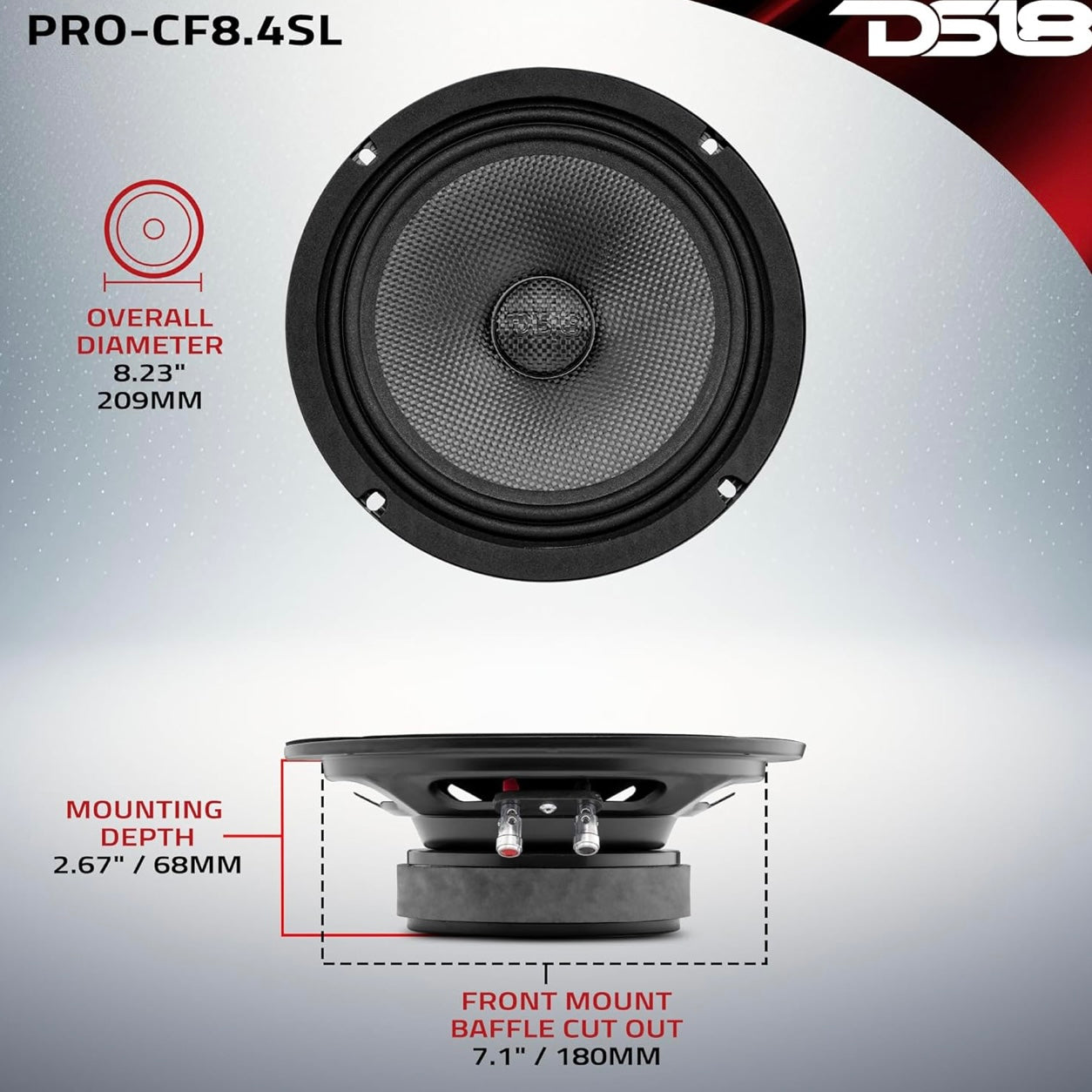 DS18 PRO-CF8.4SL 8" Shallow Carbon Fiber Water Resistant Cone Mid-Bass Speaker - NEW
