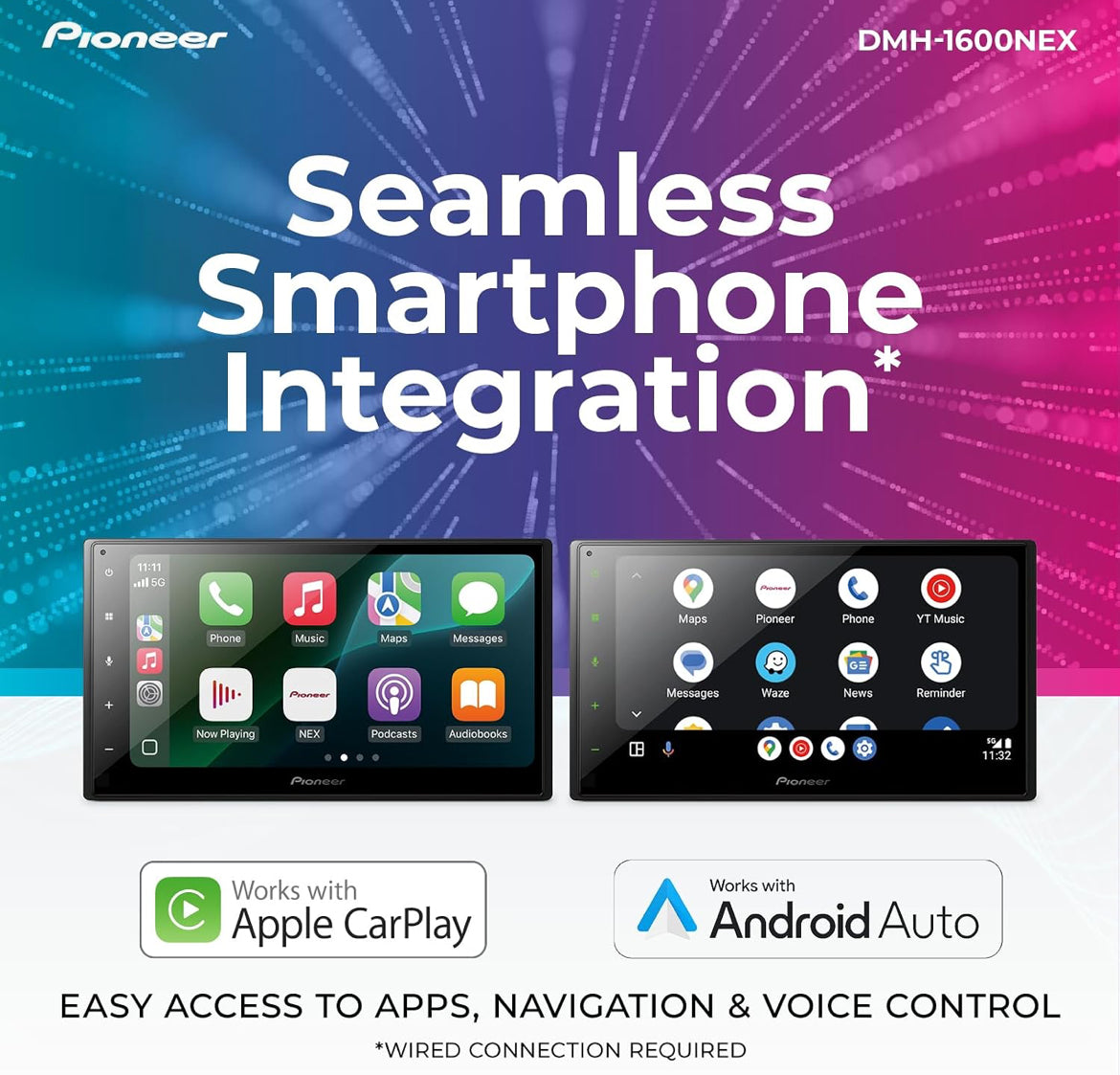 Pioneer DMH-1600NEX 6.8" Capacitive Touchscreen Double Din Car Stereo
Digital Multimedia Receiver, Wired CarPlay & Android Auto, Bluetooth, Backup Cam, USB, AM/FM, Front/Rear/Sub RCA Preouts