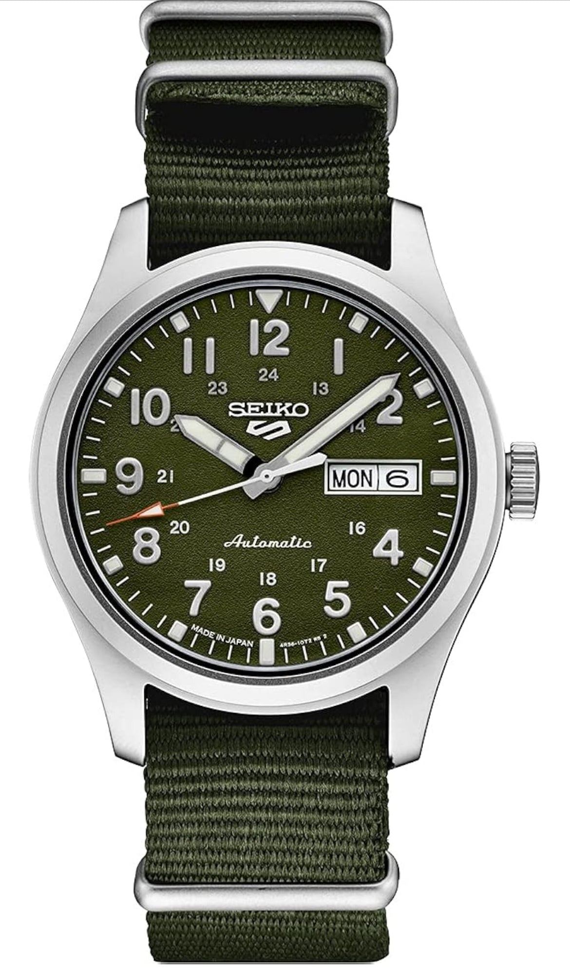 SEIKO Outomatiese Horlosie m/ Handopwen-meganisme, Groen Wysplaat, Vlekvrye Staal Kas, Groen Nylon Bandjie, 100m Waterbestand