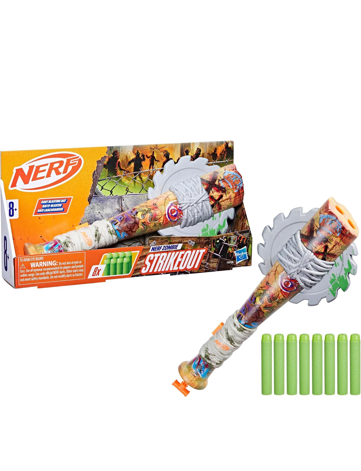 Nerf Zombie Strikeout Dart Blaster, 8 Nerf Elite Darts, Foam Blade, Pull Back Priming, Outdoor Games, Ages 8+