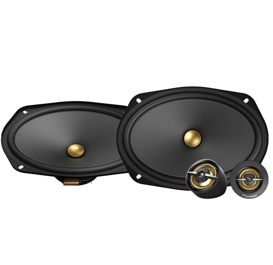 Pioneer TS-A6901C, 2-rigting komponente-motoroudioluidsprekers, volle omvang, helder klankgehalte, maklike installasie en verbeterde basrespons, swart en goudkleurige 6” x 9” ovaal luidsprekers