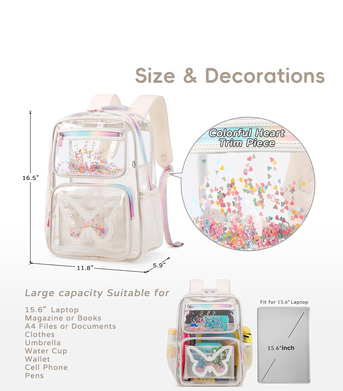 Clear Backpack for Girls Women Transparent Kids Elementary College School Bag Travel Laptop Backpacks Large Bookbags (Beige)