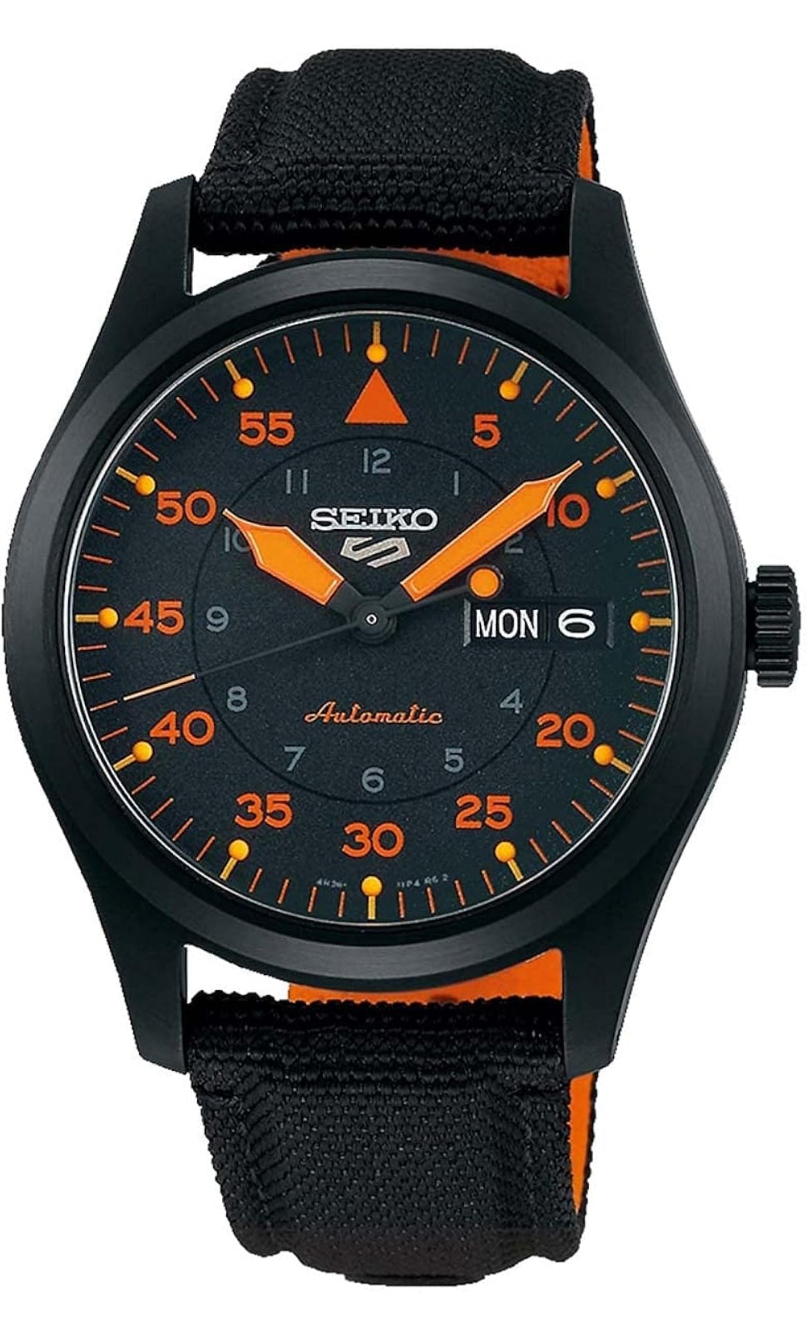 Seiko Manshorlosie, 41-Uur Kragreserwe, Vlekvrye Staal Kas, Swart Nylonband, Blou en Oranje Wysplaat, Dag/Datumskerm, 100m Waterbestand