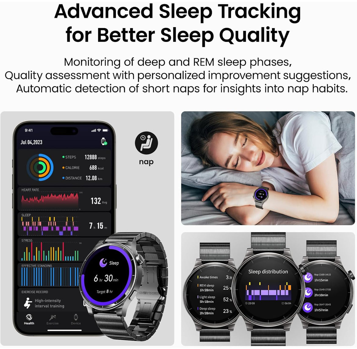 LED S5 Smart Watch 1.43" HD Sport Modes Fitness w/ Sleep Monitor, IP68 Waterproof, Stainless Steel Band