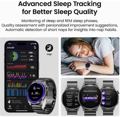 LED S5 Smart Watch 1.43" HD Sport Modes Fitness w/ Sleep Monitor, IP68 Waterproof, Stainless Steel Band