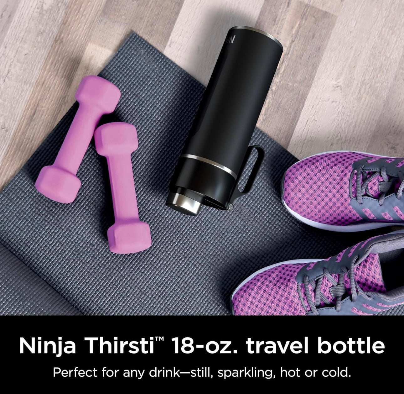 Ninja DW2401BK Thirsti 24oz Reiswaterbottel, Lekvry, 24 Uur Koud, Skottelgoedwasser Veilig, Dubbelwandige Vlekvrye Staal Geïsoleerde Tuimelaar - Oniks Swart