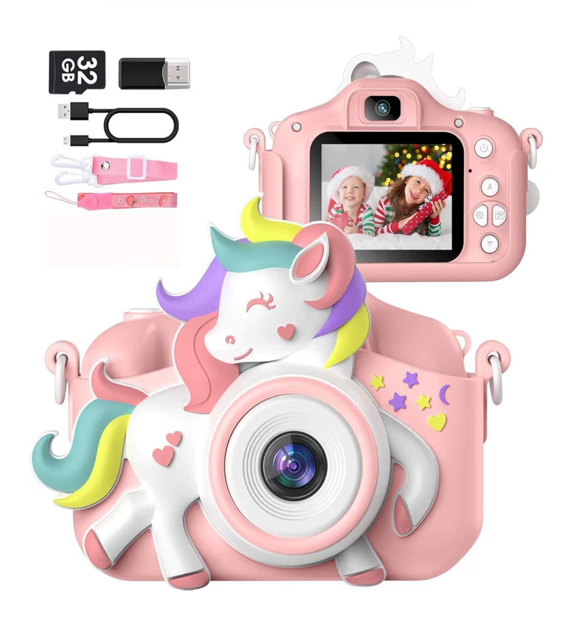 Kids Selfie Camera 20 MP HD 1080P IPS Screen Dual Digital Toy w/ 32Gb Card - (White/Pink)