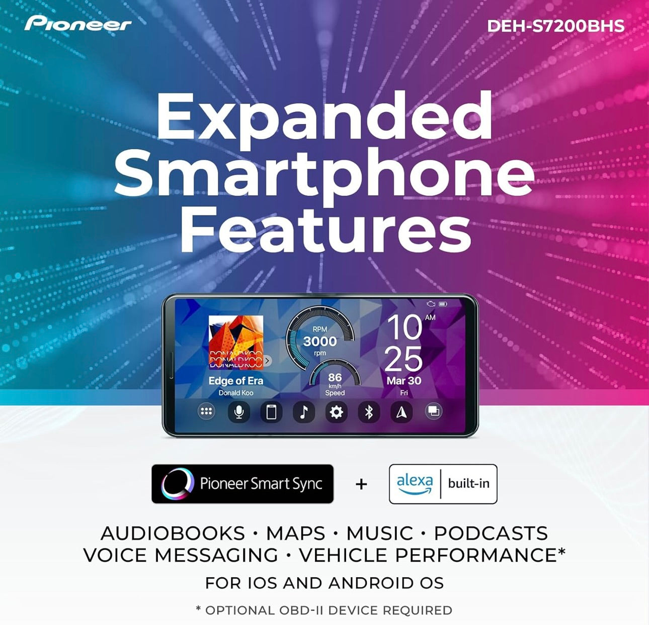 Pioneer DEH-S7200BHS Klank-CD-ontvanger en Bluetooth-motorstereo – Enkel Din, Amazon Alexa, HD Radio en Verbeterde Klankfunksies