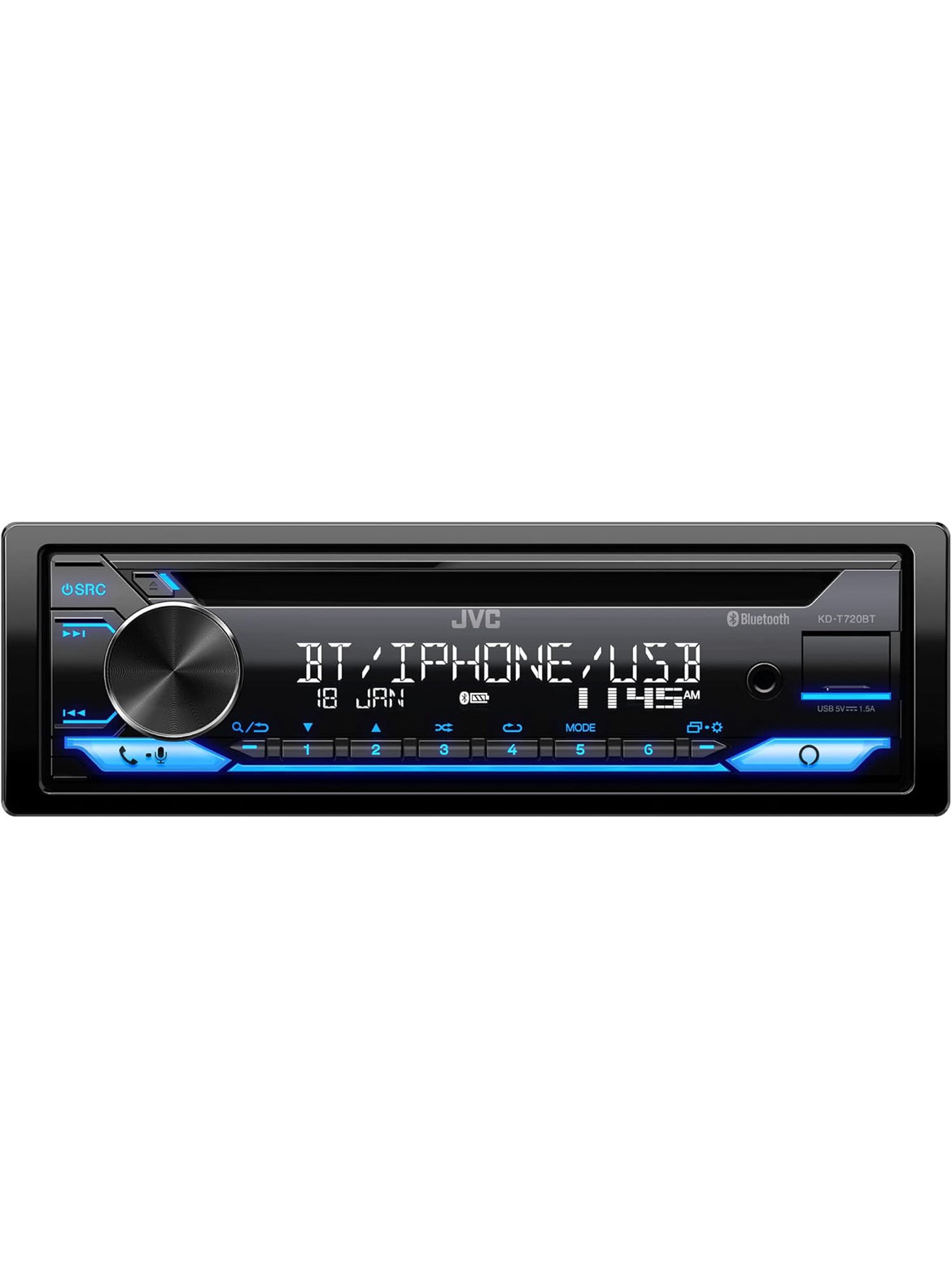 JVC KD-T720BT - CD-motorstereo, enkel-DIN, Bluetooth-klank en handvrye oproepe met eksterne mikrofoon, CD, MP3, USB, AUX-inset AM/FM-radio, hoëkragversterker, Amazon Alexa-stembeheer
