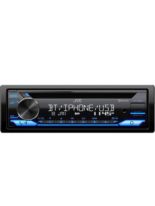 JVC KD-T720BT - CD-motorstereo, enkel-DIN, Bluetooth-klank en handvrye oproepe met eksterne mikrofoon, CD, MP3, USB, AUX-inset AM/FM-radio, hoëkragversterker, Amazon Alexa-stembeheer
