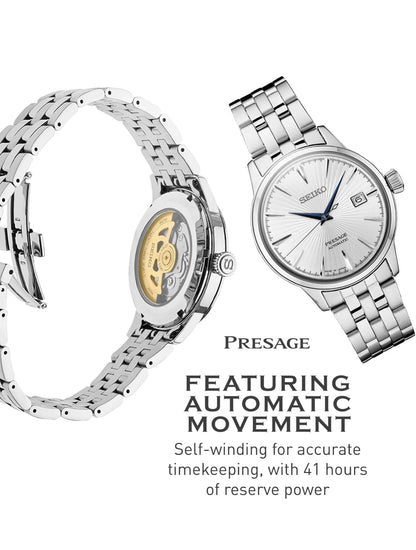 SEIKO SRPB77 Outomatiese Horlosie vir Mans - Presage Cocktail Time - Silwer Skakelaarplaat met Patroon en Glansafwerking, Datumkalender, 50m Waterbestand