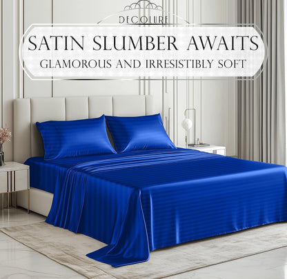 DECOLURE Satin Bed Sheets - 4 Piece Luxury Silky Queen Size Bedding Set - Softer Than Silk, Wrinkle-Free with 15” Deep Pocket Fitted Sheet, Perfect for Hair & Skin, Gifts for Women (Striped Blue)