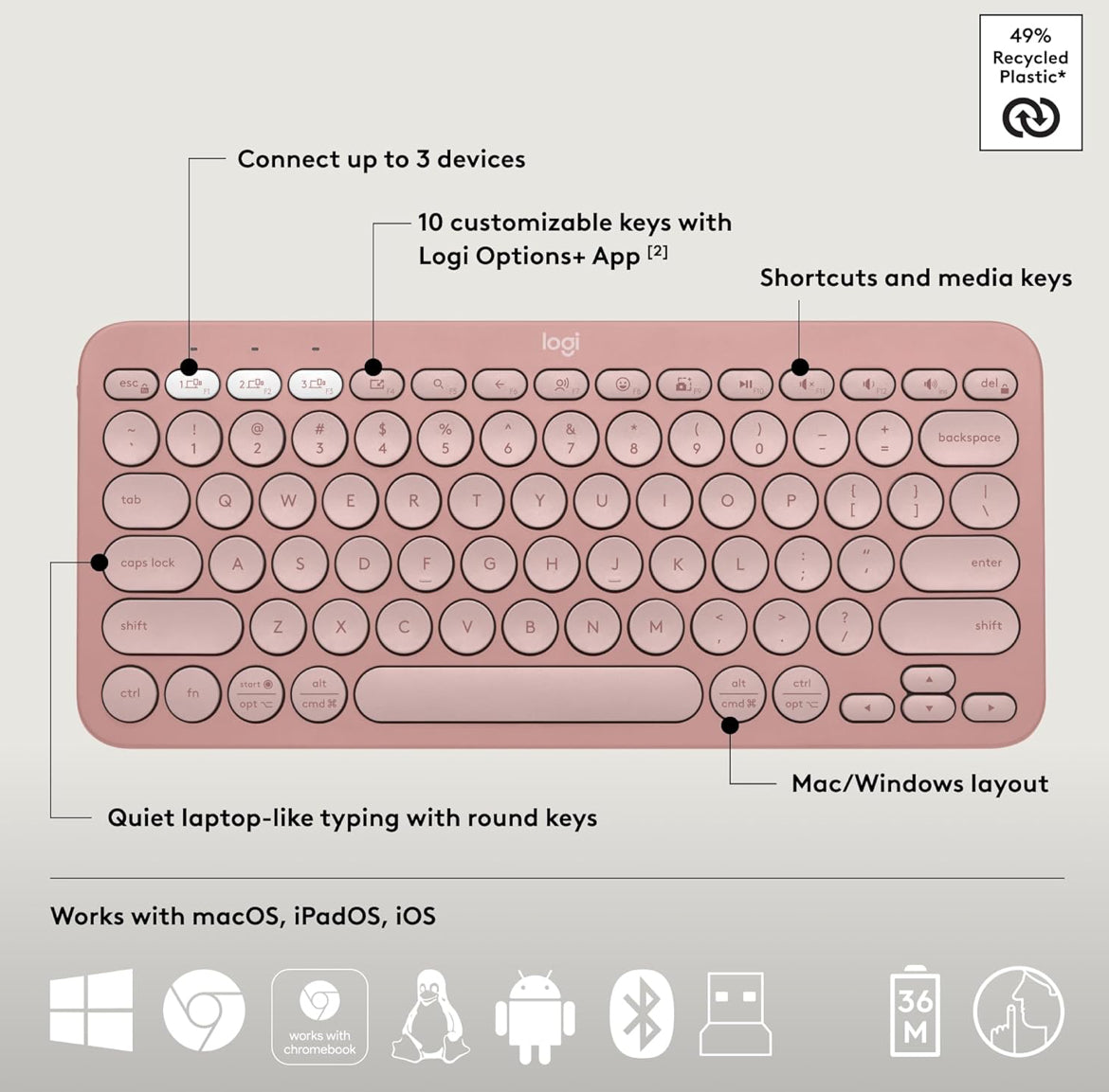 Logitech Pebble 2 Combo, Draadlose Sleutelbord en Muis, Stil en Draagbaar, Aanpasbaar, Logi Bolt, Bluetooth, Maklike Skakeling vir Windows, macOS, iPadOS, Chrome - Tonal Rose