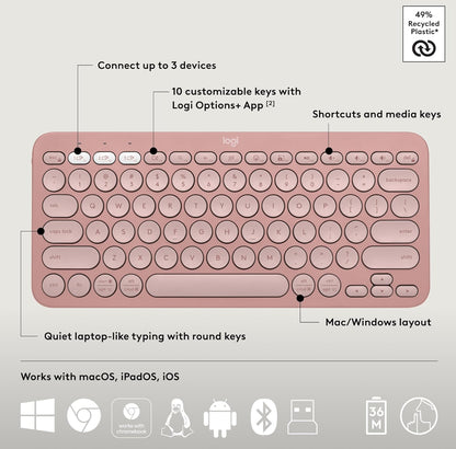 Logitech Pebble 2 Combo, Draadlose Sleutelbord en Muis, Stil en Draagbaar, Aanpasbaar, Logi Bolt, Bluetooth, Maklike Skakeling vir Windows, macOS, iPadOS, Chrome - Tonal Rose