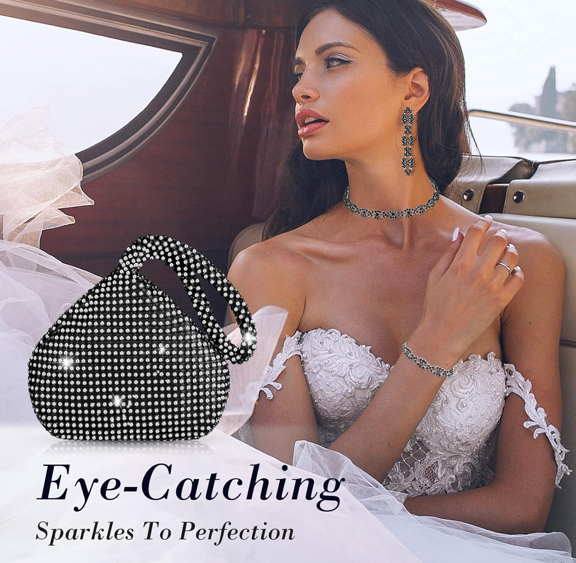 4 STUKS Strass Halsketting Choker Armband Oorring Koppelaars Juweliersware Stel Vroue Kristal Driehoek Bling Diamant Handsak Strass Sak vir Trou Party
