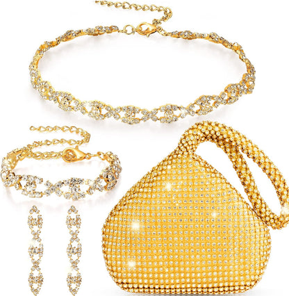Elegante 4 Stukke Strass Halssnoer, Armband, Oorbel, Koppelaarsak, Juwelierswarestel Vroue Kristal Driehoek Bling Diamantsak Strass Sak vir Troue, Partytjie