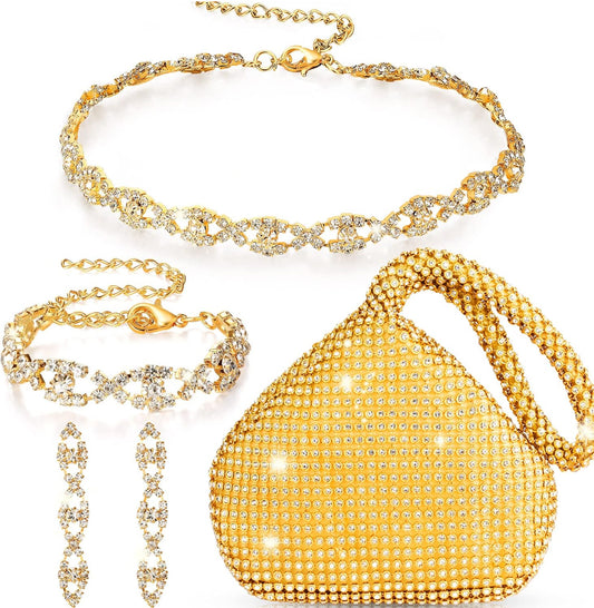 Elegante 4 Stukke Strass Halssnoer, Armband, Oorbel, Koppelaarsak, Juwelierswarestel Vroue Kristal Driehoek Bling Diamantsak Strass Sak vir Troue, Partytjie