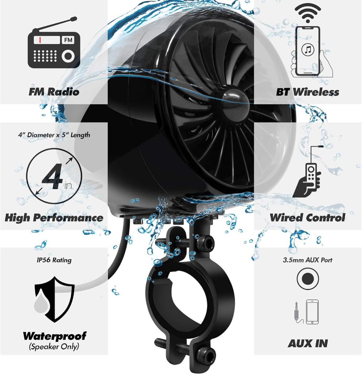 Motorcycle Speakers Bluetooth 4 Inch Waterproof Radio Audio System
100W Amplifier, Remote Control, AUX USB SD FM Radio, Fits 7/8"–1-1/4" bar for Motorcycle ATV 12 Volt Vehicles