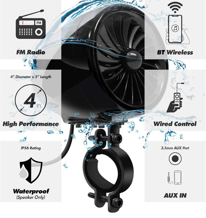 Motorcycle Speakers Bluetooth 4 Inch Waterproof Radio Audio System
100W Amplifier, Remote Control, AUX USB SD FM Radio, Fits 7/8"–1-1/4" bar for Motorcycle ATV 12 Volt Vehicles
