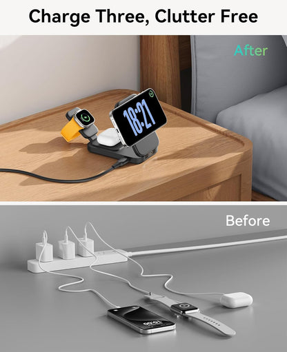 INIU 3 in 1 Wireless Charging Station, Qi2 Certified Magnetic Travel Charger for Apple Multiple Devices, Foldable Charger Stand for Apple iPhone 16 15 14 13 12 Series Watch AirPods (White)