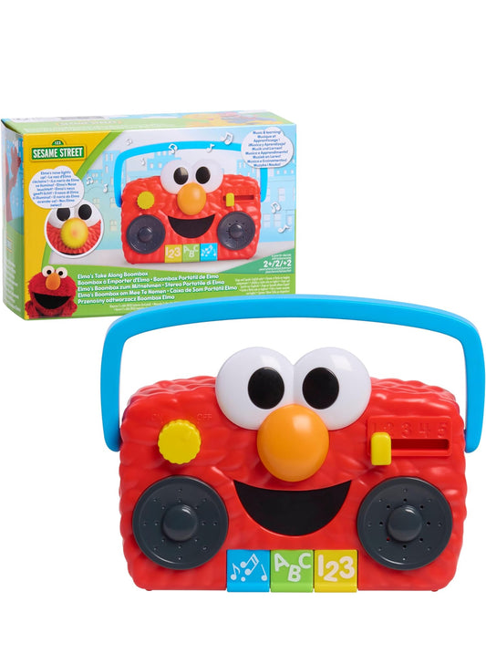 Just Play Sesame Street Elmo Take Along Boombox met Liggie en Klanke, 5.5-duim Interaktiewe Speelding, Leer en Opvoeding, Kinderspeelgoed vir Ouderdomme 2 en Ouer