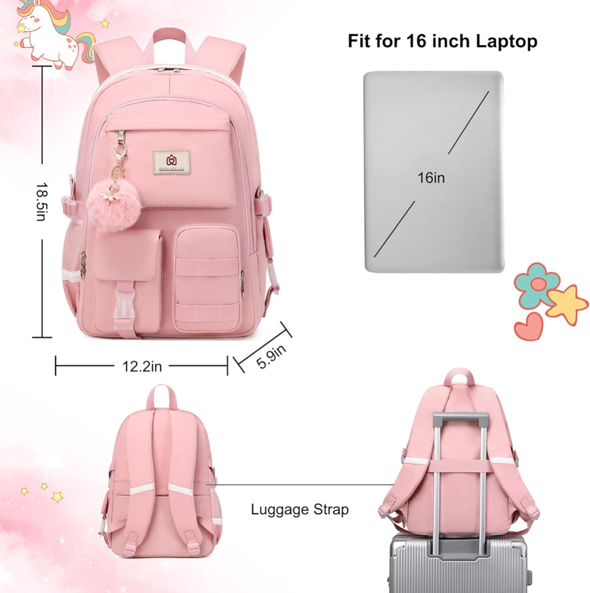 Backpack for Girls Laptop Backpacks 15.6 Inch College Cute Bookbag Anti Theft Primary Elementary School Bag Casual Daypack for Students Teens Girl Women (Pink)