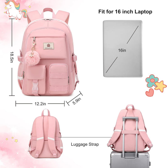 Rugsak vir meisies Skootrekenaarrugsakke 15.6 Duim Kollege Oulike Boeksak Anti-diefstal Laer Primêre Skooltas Informele Dagpak vir Studente Tieners Meisies Vroue (Pink)