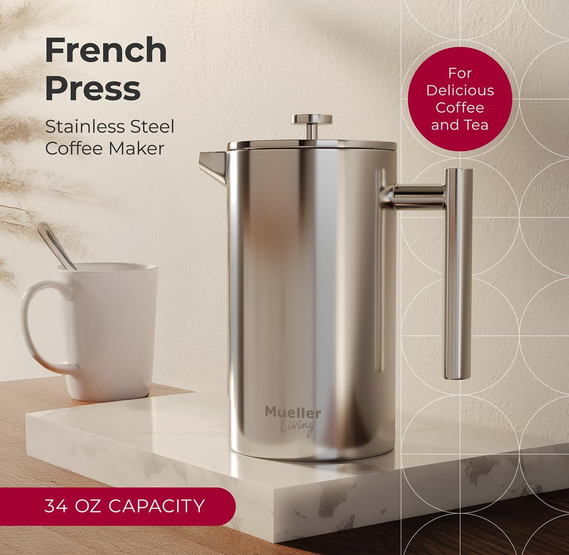 Druk-Koffiemaker 1L, Vlekvrye Staal, 4 Filters Hittebestande Dubbel Geïsoleerd, Roesvry, Voedselgraad, Skottelgoedwasser Veilig