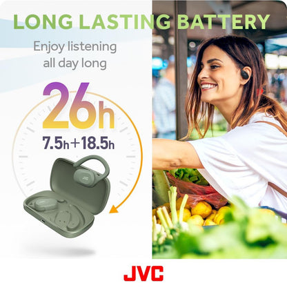 JVC-oorfone oopoor ware draadlose koptelefoon met spilbewegingmeganisme, 16mm groot drywersklank, enkeloor gebruik, BT 5.4, lang batterylewe (tot 26 uur) - HANP40TG (Groen)