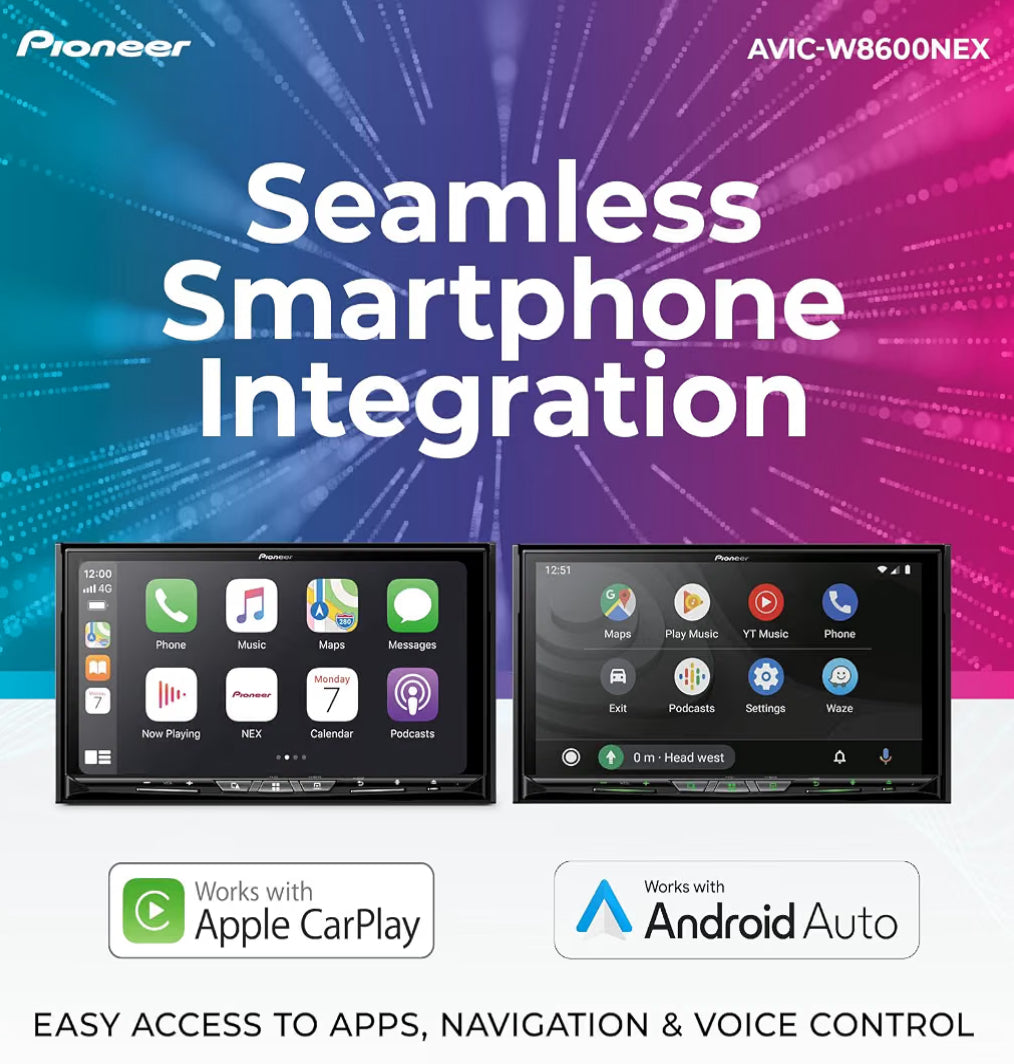 Pioneer AVIC-W8600NEX 7" Capacitive Touchscreen Double Din Car Stereo
Multimedia Receiver, Wireless Apple CarPlay, Android Auto, GPS, Bluetooth, CD/DVD, USB, HD Radio, Backup Camera, Hi-Volt RCA