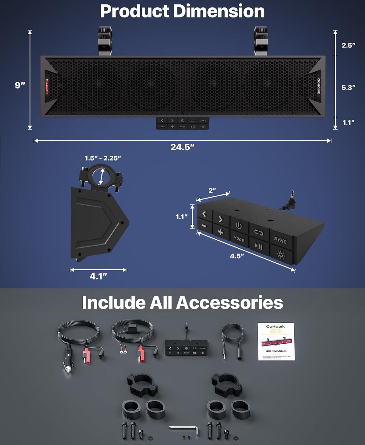 25" 6-Speaker UTV Sound Bar w/ Bluetooth, RGB ATV Soundbar5 00W Peak Power, IP66 Waterproof, FM Radio/USB/AUX, Detachable Remote