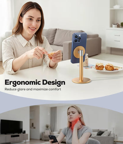 Magnetiese Telefoonstaander Volledig Aluminium, 360° Draaibaar vir Lessenaar met Metaalring, Verstelbare Houer met MagSafe-tas - Goud