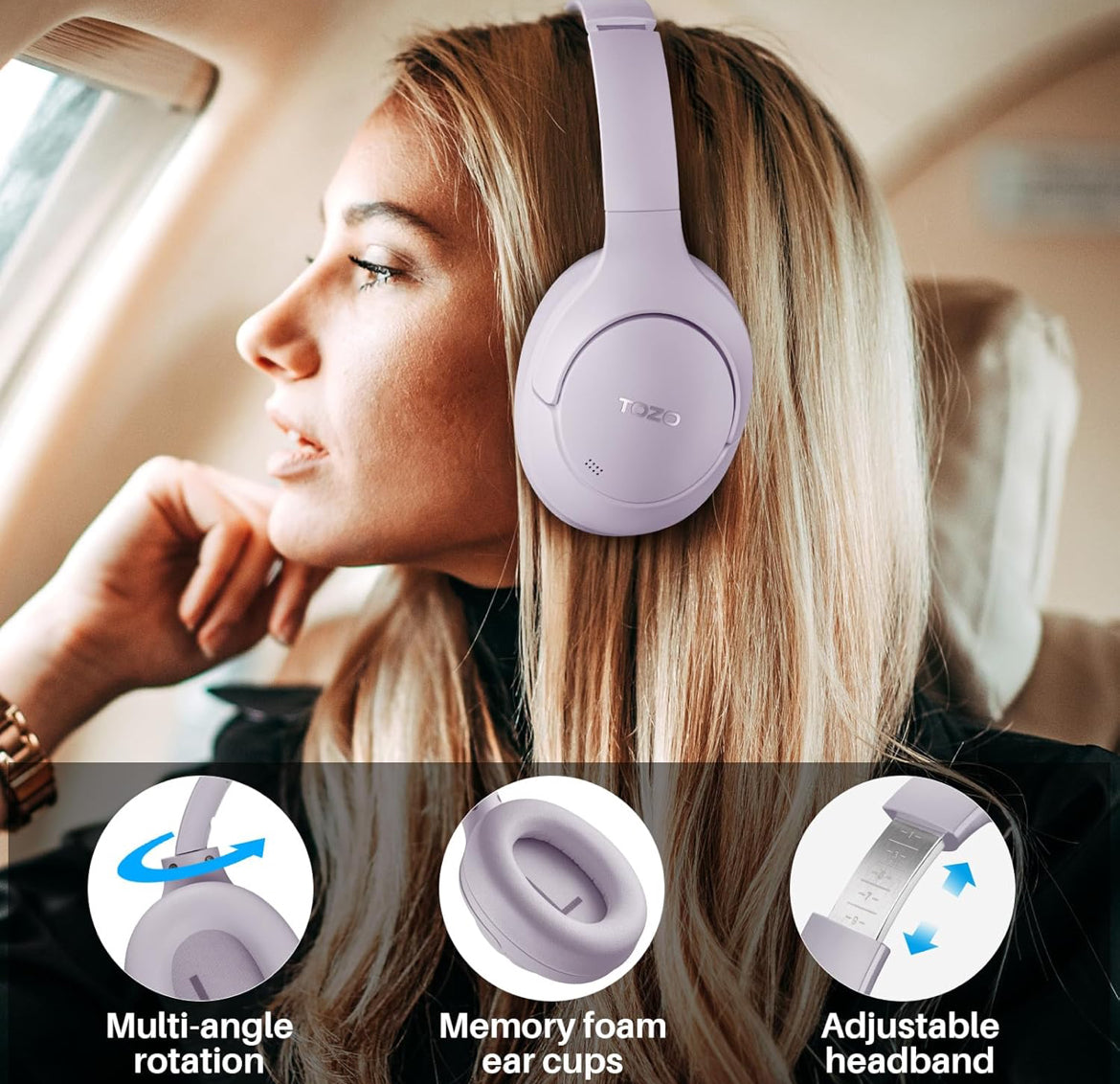 Hybrid Active Noise Cancelling Headphones, Wireless Over Ear Bluetooth, 40H Playtime, Hi-Res Audio Custom EQ, Comfort Fit Ear Cups (Purple)