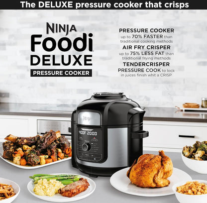 Ninja FD401 LP3 Foodi 12-in-1 Deluxe XL 8 qt. Drukkoker en Lugbraaier wat Stoom, Stadig Kook, Skroei, Soteer, Dehidreer en Meer, met 5 qt. Knapperige Mandjie, Omkeerbare Rak en Resepteboek, Silwer