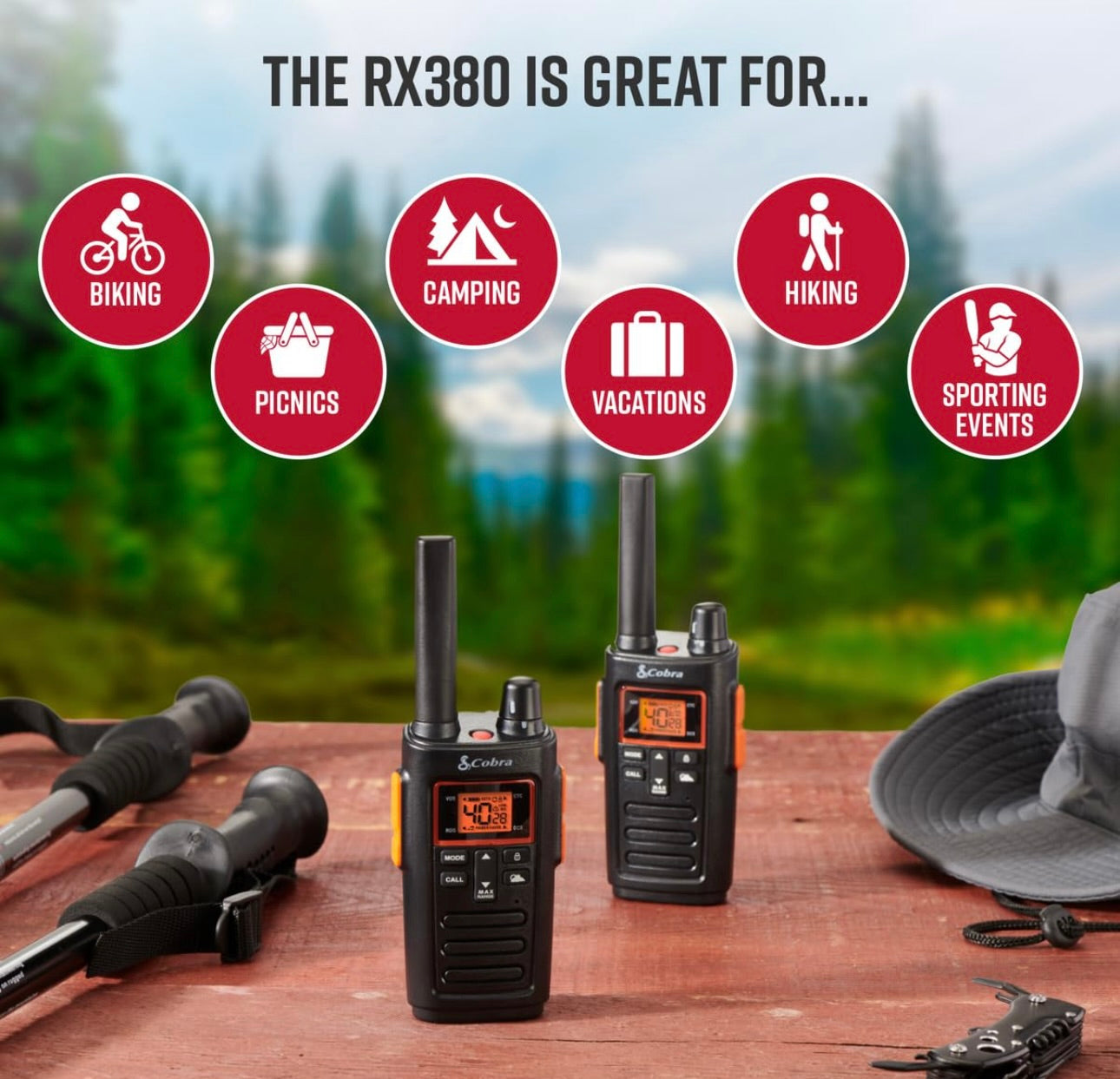 Cobra RX380 Walkie Talkies (2-pak) – Weerbestande tweerigtingradio's met lang reikafstand, 40 voorafgeprogrammeerde kanale, weerkennisgewings, LED-flitslig, langdurige NiMH-batterye (swart)