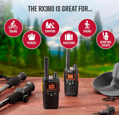Cobra RX380 Walkie Talkies (2-pak) – Weerbestande tweerigtingradio's met lang reikafstand, 40 voorafgeprogrammeerde kanale, weerkennisgewings, LED-flitslig, langdurige NiMH-batterye (swart)
