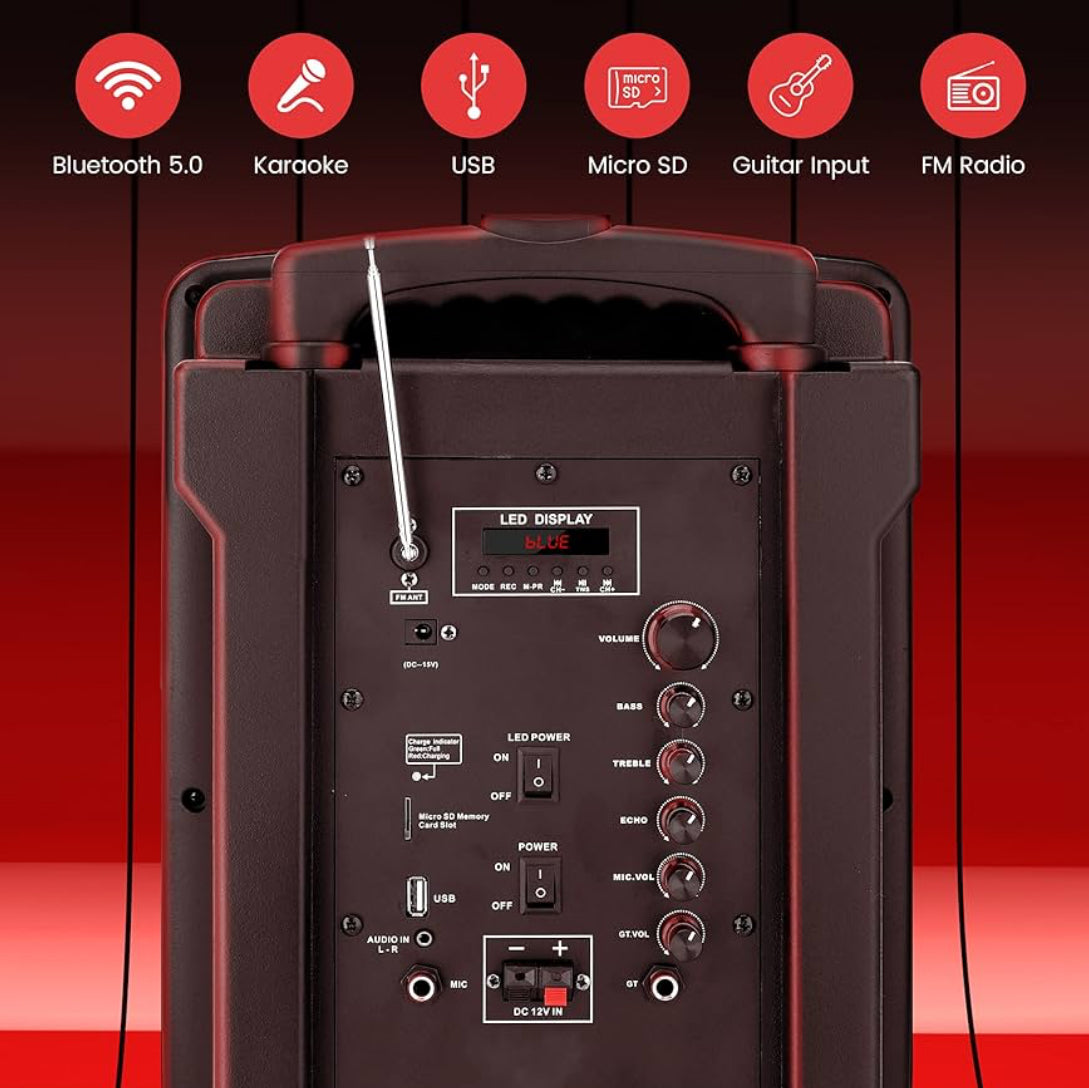 Portable 8 Inches PA Speaker System - Wireless BT Streaming & Karaoke Party Two Wireless Mic, Wired Microphone, Tablet Stand, Flashing Party Lights, MP3/USB//FM Radio