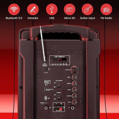 Portable 8 Inches PA Speaker System - Wireless BT Streaming & Karaoke Party Two Wireless Mic, Wired Microphone, Tablet Stand, Flashing Party Lights, MP3/USB//FM Radio