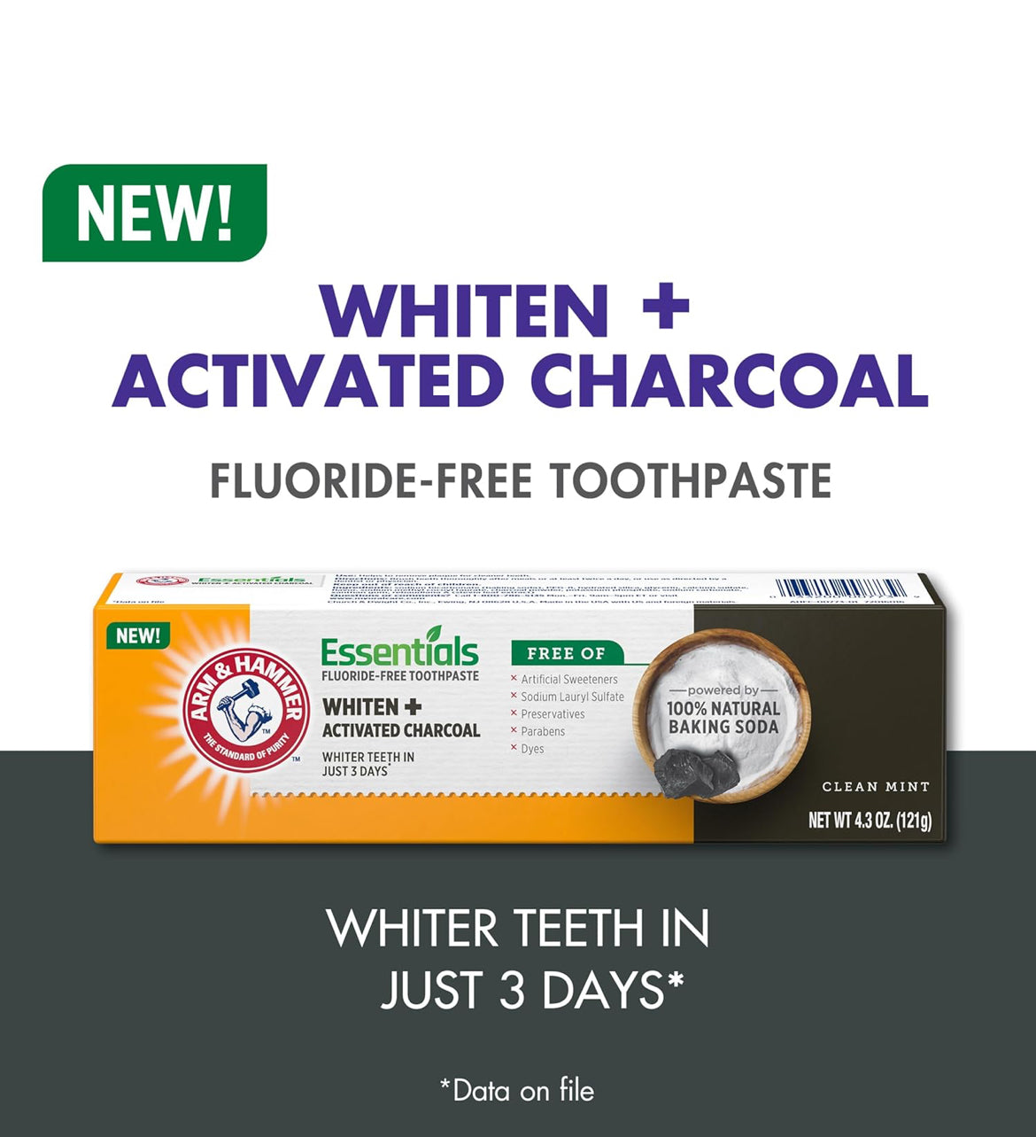 ARM & HAMMER Essentials Fluoride-Free Toothpaste Whiten + Activated Charcoal (Pack of 4)4.3oz - Clean Mint