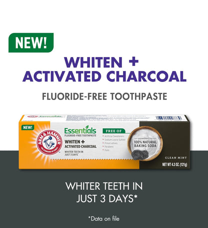 ARM & HAMMER Essentials Fluoride-Free Toothpaste Whiten + Activated Charcoal (Pack of 4)4.3oz - Clean Mint