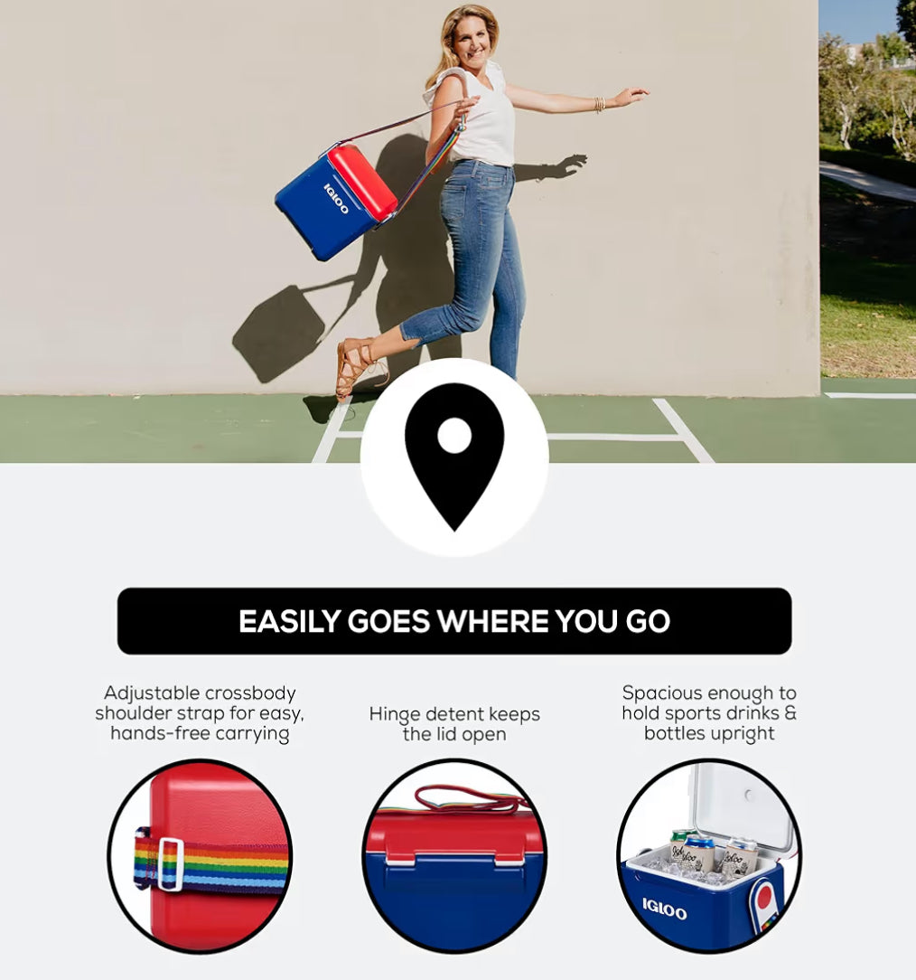 Igloo Tag-Along-Too Tailgating Cooler 11 Qt 2-Day Ice Retention - (Navy / Rainbow strap)