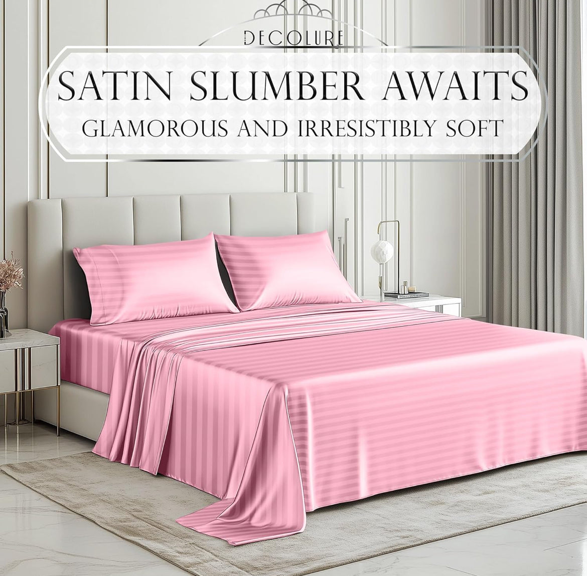 DECOLURE Satin Bed Sheets - 4 Piece Luxury Silky Queen Size Bedding Set - Softer Than Silk, Wrinkle-Free with 15” Deep Pocket Fitted Sheet, Perfect for Hair & Skin, Gifts for Women (Striped Pink)