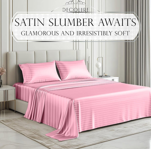 Satin Bed Sheets - 4 PCS Luxury Silky Queen Size Bedding Set - Softer Than Silk, Wrinkle-Free with 15” Deep Pocket Fitted Sheet - (Striped Pink)